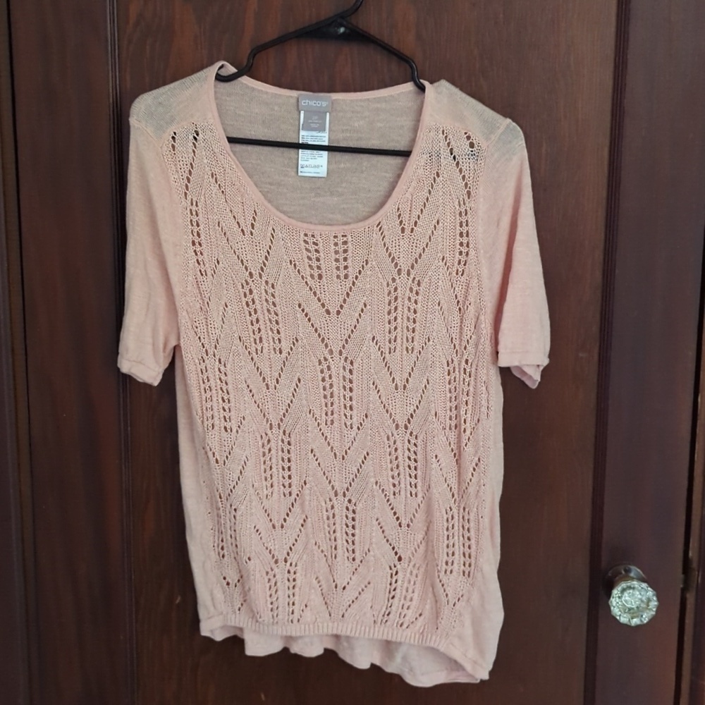 Chico's Pale Pink Crochet Linen Blend Lightweight Short Sleeve Shirt Size LP